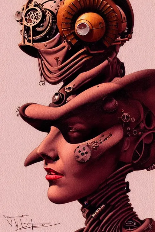 Image similar to sideview face portrait of a steampunk desert empress. by vincent di fate, james jean, dom qwek. inspired by igor goryunov andrei riabovitchev. art by paul lewin. madmax aesthetics. atmospherical, photorealistic retrofuturist concept art, trending on art station, cinematic, ultra detailed