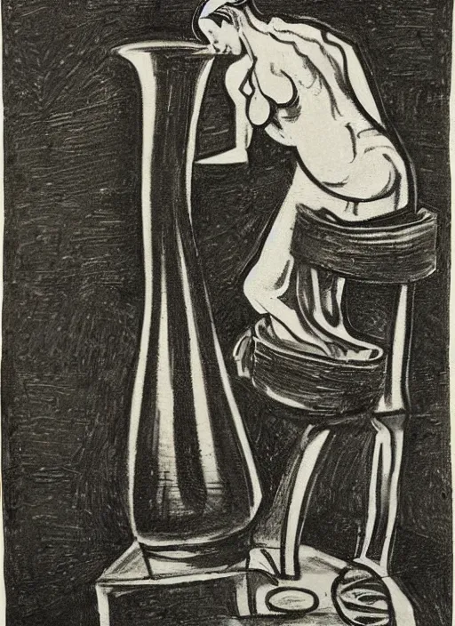 Prompt: abstract stylized charcoal drawing of a woman working on a tall vase at a pottery wheel, da vinci, van gogh