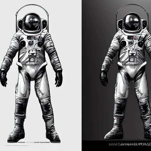 Prompt: Front, side and back character view of Astronaut from Kojima Productions by Donato Giancola, trending on Artstation concept arts