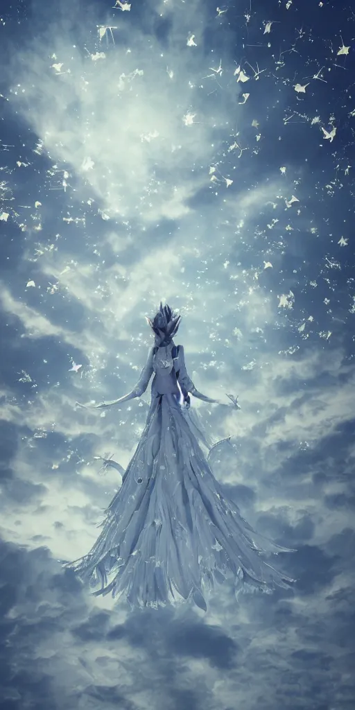 Image similar to background is a stary night sky, castle made of clouds, looking up towards an anthropomorphic space woman wearing a flowing paper couture dress with puffy leggings, paper stars, many origami birds, eery light, 3D, very detailed, octane render, trending ArtStation, artgem