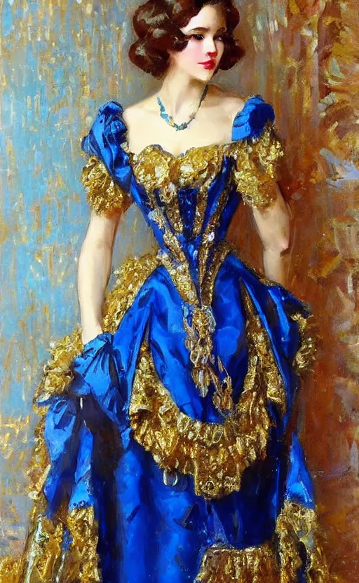 Prompt: Elegant Mecha laydy in blue victorian dress with gold ornaments. By Konstantin Razumov, highly detailded