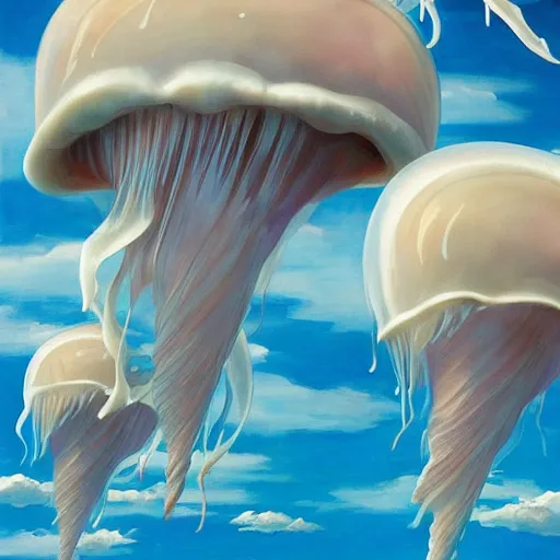 Prompt: Giant ice cream jellyfish fly through the air, as a tornado approaches, by Takashi Murakami, Edward Hopper, Bo Bartlett, and Cynthia Sheppard, Artstation