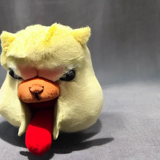 Image similar to a plush Donald Trump being chewed by a dog