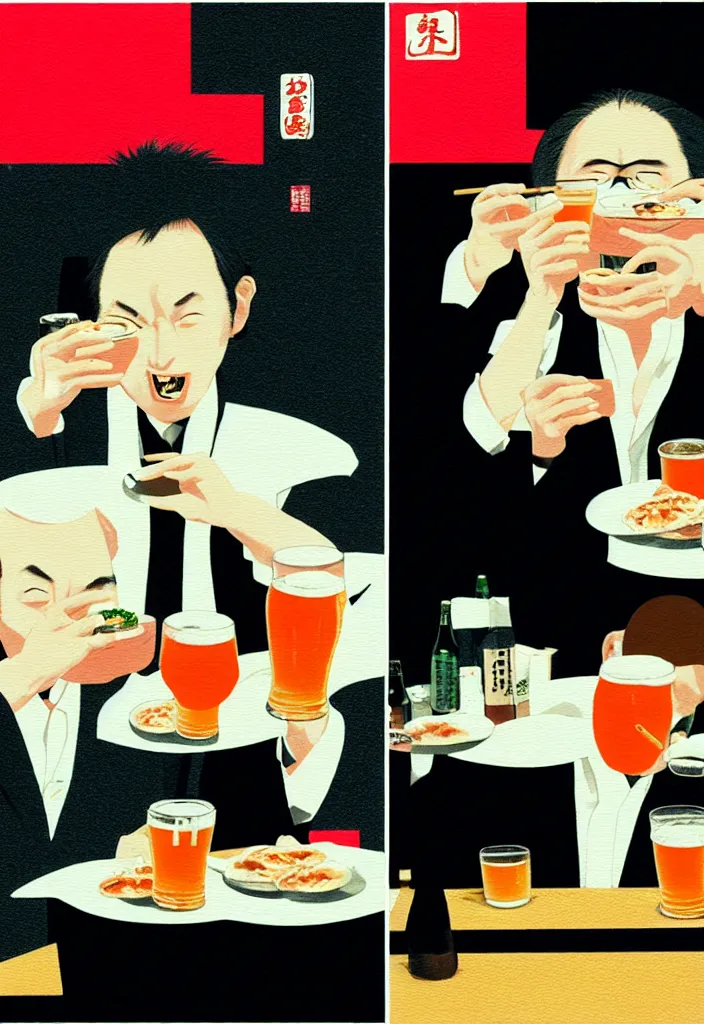 Image similar to two businessmen eating gyoza and drinking beer at an outdoor table in nighttime izakaya in shinbashi tokyo, japan, a collage painting, in the style of wes anderson, lola dupre, david hockney, isolated on negative white space background dark monochrome fluorescent neon spraypaint accents volumetric octane render