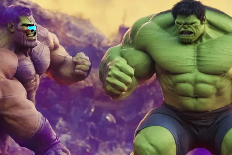 Image similar to thanos and hulk competing in an arm wrestling match, cinematic, dramatic, color grading, photojournalism, highly detailed
