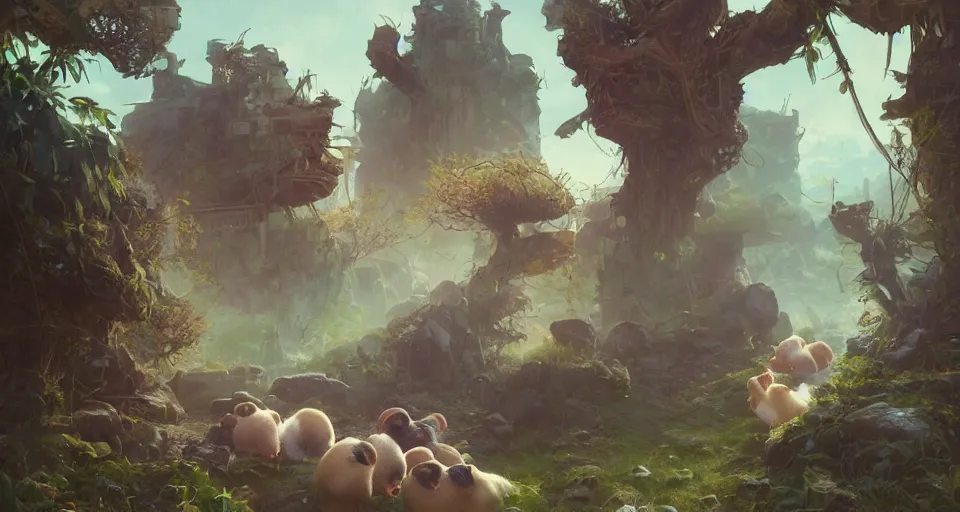 Image similar to hyper realistic cute guineapigs everywhere, by simon stalenhag, frank frazetta, greg rutkowski, beeple, yoko taro, christian macnevin, wlop and krenz cushart, epic fantasy character art, volumetric outdoor lighting, midday, high fantasy, cgsociety, cheerful colours, full length, exquisite detail, post - processing, masterpiece, cinematic