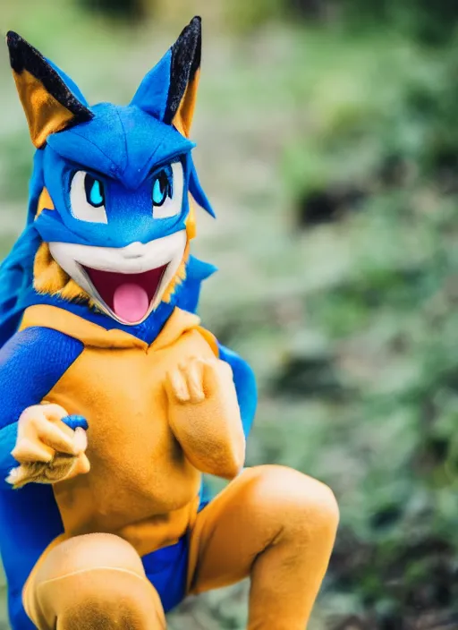 Image similar to portrait photo still of real life pokemon character lucario, 8 k, 8 5 mm f 1. 8