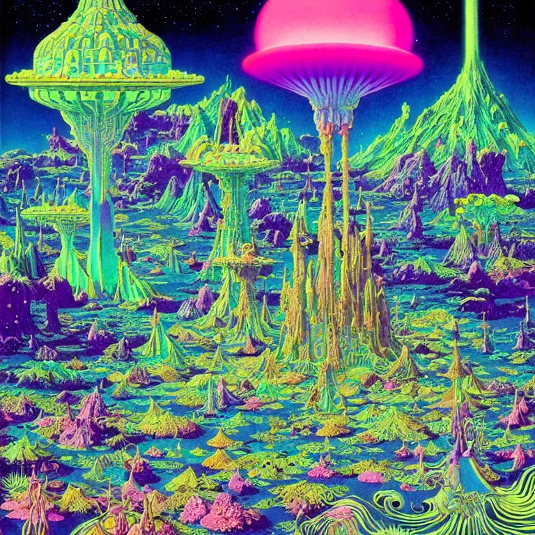 Image similar to mysterious ufo hovering over magical crystal temple, bright neon colors, highly detailed, high resolution, cinematic, hiroo isono, tim white, philippe druillet, roger dean, lisa frank, aubrey beardsley, ernst haeckel