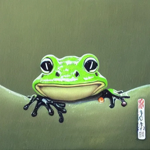 Prompt: a painting of a happy frog under the rain wearing a rainy coat by kazuo oga