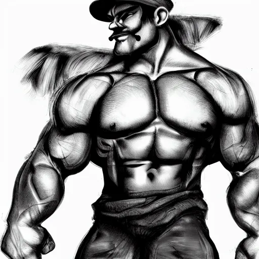 Prompt: badass muscular man with a mario hat , sketch , trending on artstation , Hyperdetailed , CGSociety