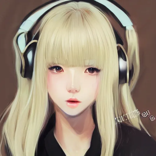 Image similar to realistic beautiful gorgeous natural cute Blackpink Lalisa Manoban blonde hair cute fur blonde cat ears, wearing summer outfit, wearing headphones, wearing black leather choker artwork drawn full HD 4K highest quality in artstyle by professional artists WLOP, Taejune Kim, Guweiz on Artstation Pixiv