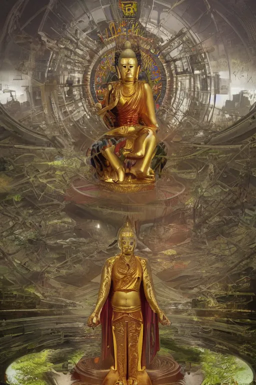 Image similar to a epic sakyamuni, the founder of buddhism in cyberpunk style temple, struggling in a ruined city full of organic fractal mycelum and fung, super complex and instruct, epic stunning atmosphere, hi - tech synthetic rna bioweapon nanotech, art by anthony macbain + greg rutkowski + alphonse mucha, concept art, 4 k, sharp focus