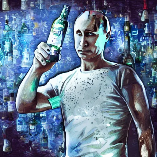 Prompt: putin holding a bottle of alcohol with the text arak, cinematic, beautiful digital painting, hyper detailed