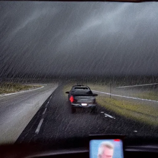 Image similar to dash cam footage, Joe biden as a dark shadow ghost in the middle of the road staring at the driver. bad weather, dramatic lighting, dark clouds, rain, horror scene, very realistic dash cam