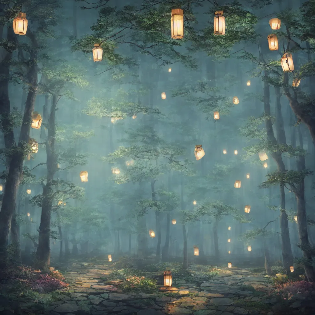 Image similar to Japanese forest at night, lanterns, highly detailed, dreamlike!, digital painting, volumetric lighting, digital art, 8K photography, matte vivid colors, perspective, octane render, breathtaking, by Maximilian DegenPro of Artstation, Hayao Miyazaki Studio Ghibli!! style