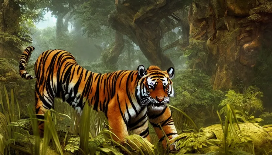 Prompt: a happy tiger, peaceful, plants environment, wide angle, establishing shot, cinematic lighting, atmospheric, realistic, octane render, highly detailed, color graded, matte painting in the style of craig mullins