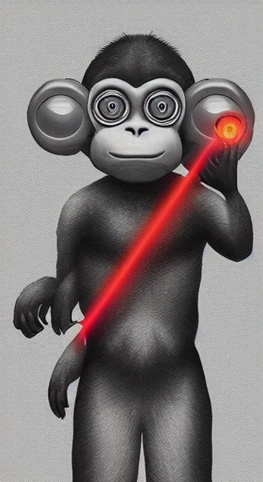 Image similar to “ big eye monkey holding laser gun floating in clouds, digital art, super aesthetic, art station childish style ”