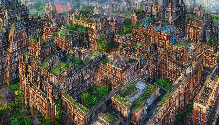 Prompt: enormous sprawling fantasy inntel hotels amsterdam zaandam, high, skyscraper, high quality, kowloon walled city, sprawl, giant, fractal, cell shading, high details, trending on artstation