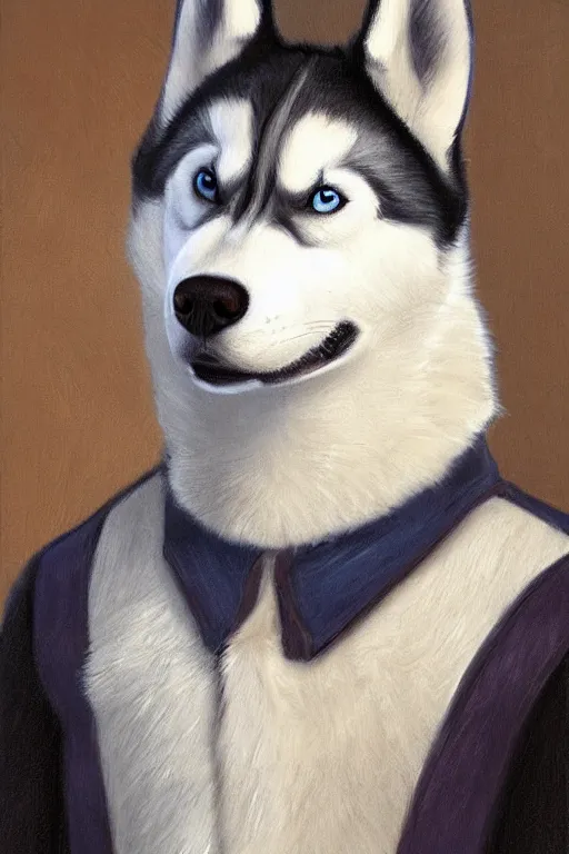 Image similar to a character design of a husky wearing a white vest, portrait painting, furry, humanoid, anthropomorphic, personify, anime