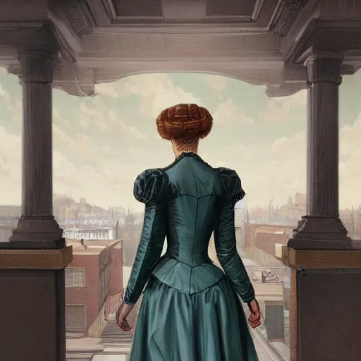 Prompt: portrait of a victorian lady in a futuristic city, from behind, streets, in the year 600, highly detailed, digital painting