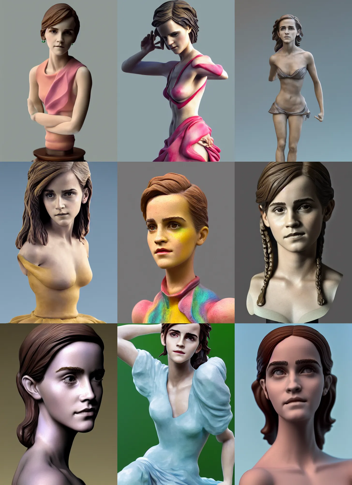 Prompt: 3D resin miniature sculpture of Emma Watson by Jean-Baptiste Carpeaux and Luo Li Rong, beautiful body, colorful, fresh colors, full body shot, elegant, academic art, realistic, 8K, Product Introduction Photo, Hyperrealism. Subsurface scattering, raytracing, Octane Render, Zbrush, simple background