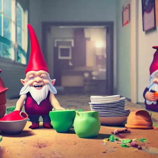 Image similar to a scandal in a gnome family, everyone breaks piles of dishes, hyperrealistic cinematic scene, expressive colors, octane render 8k