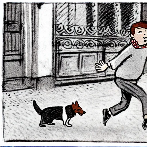 Image similar to illustration of french boy on the streets of paris playing football against a corgi, the dog is wearing a polka dot scarf, comic, 1 9 7 2