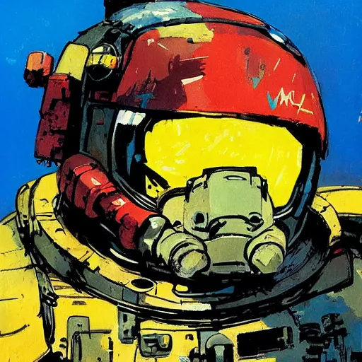 Image similar to Manatee Space Marine by Ashley Wood, Yoji Shinkawa, Jamie Hewlett, 60's French movie poster, French Impressionism, vivid colors, palette knife and brush strokes, Dutch tilt