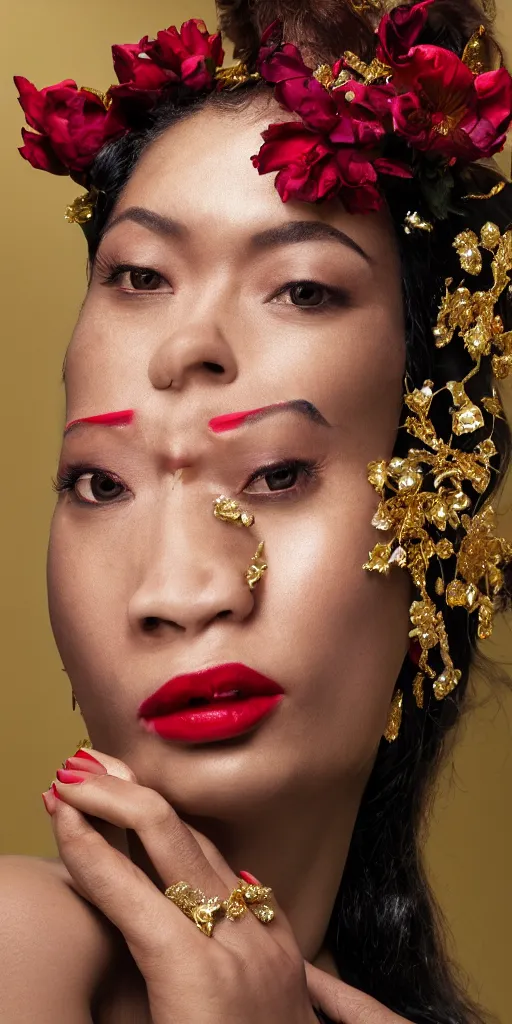 Prompt: Portrait of a European woman, black, close-up, high sharpness, zeiss lens, fashion photo shoot, peony flowers, red hair, red lipstick, in the background of gold, they have rhinestones on their face, Edward Buba, Annie Leibovitz and Steve McCurry, Leslie Zhang, David Lazar, Jimmy Nelsson, Eiko Hosoe, artistic, hyperrealistic, beautiful face, octane rendering