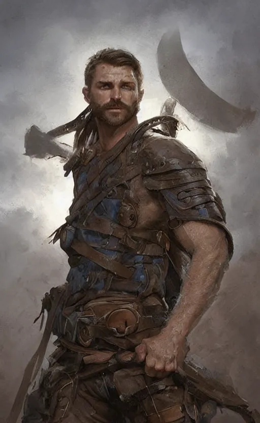 Image similar to Portrait of a rugged ranger, male, muscular, blue eyes!!!!, straight nose!!!, detailed face, exposed thighs!!!, simple clothing!!!!! fantasy, medieval, highly detailed, cinematic lighting, digital art painting by greg rutkowski