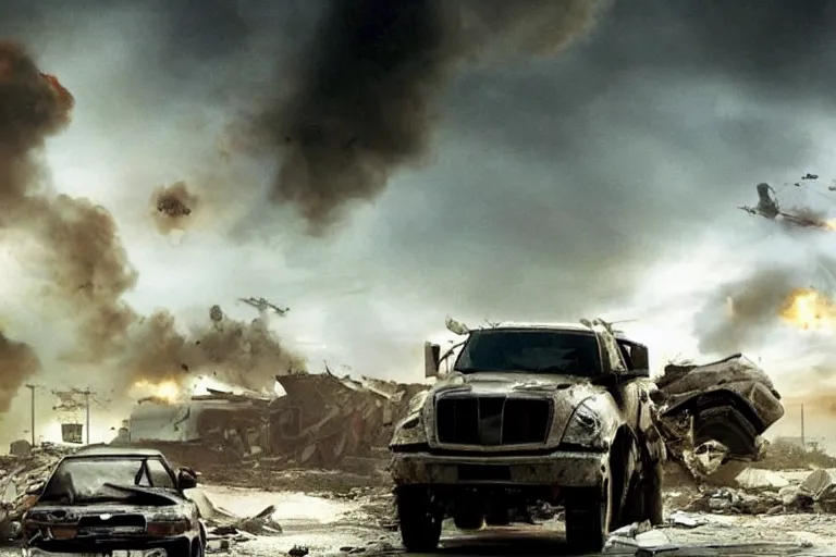 Image similar to a giant truck, transforming into a war machine on a destroyed highway. special effects, highly detailed, filmic. michael bay.