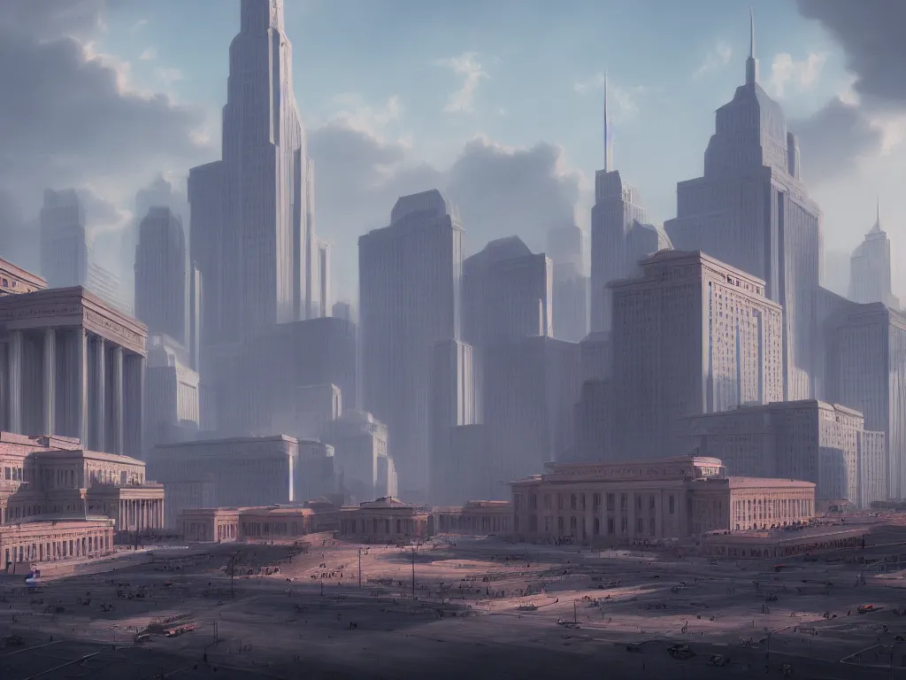 Image similar to landscape matte painting by fan wennan. communist american future capitol shining in the sun after the triumph of socialism in america, highly detailed, artstation, 8 k, photorealistic, hyperrealism, grounded rectangular governmental architecture, imposing, strength, abundance, america 2 0 9 8