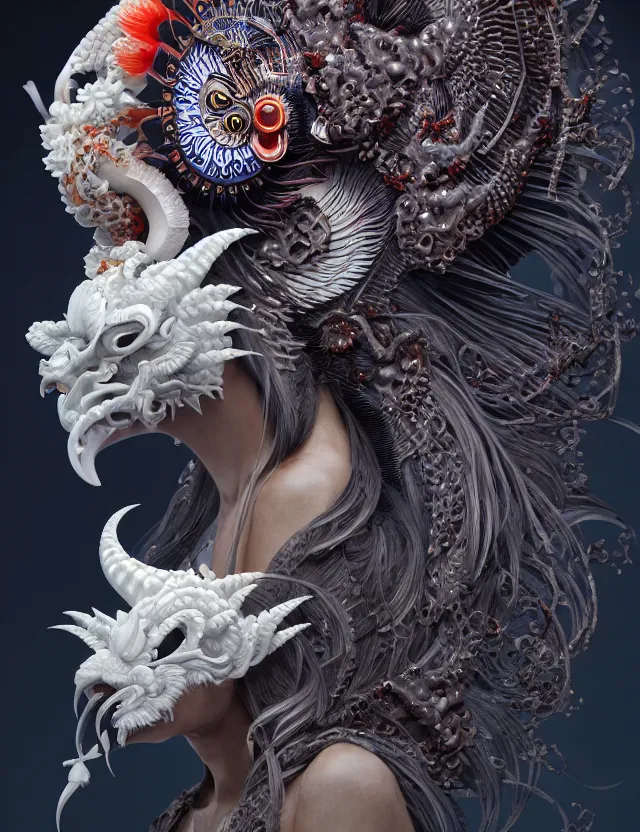 Image similar to 3 d goddess of hell close - up profile portrait with ram skull. beautiful intricately detailed japanese crow kitsune mask and clasical japanese kimono. betta fish, jellyfish phoenix, bio luminescent, plasma, ice, water, wind, creature, artwork by tooth wu and wlop and beeple and greg rutkowski