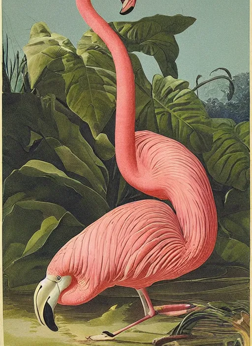 Image similar to python wrapped around a flamingo, tropical plants, botanical, biology, artist john audubon