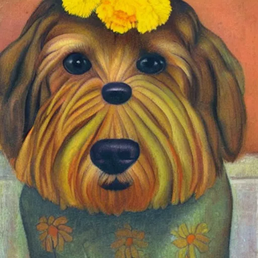 Image similar to portrait of a havanese dog with marigolds by diego rivera 1 9 3 5