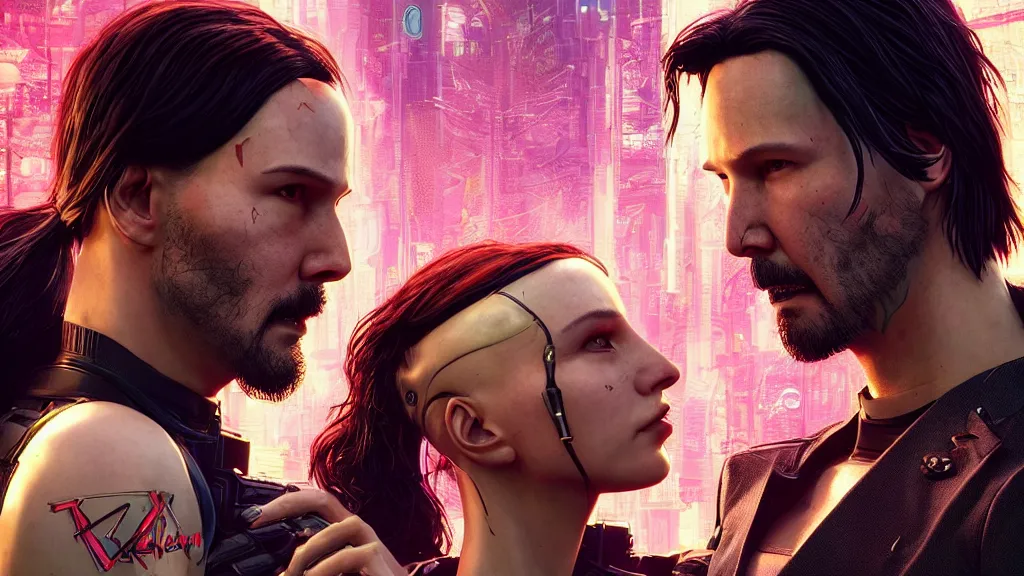 Image similar to a cyberpunk 2077 srcreenshot couple portrait of Keanu Reeves&female android in kiss,love story,film lighting,by Laurie Greasley,Lawrence Alma-Tadema,Dan Mumford,John Wick,Speed,Replicas,artstation,deviantart,FAN ART,full of color,Digital painting,face enhance,highly detailed,8K,octane,golden ratio,cinematic lighting