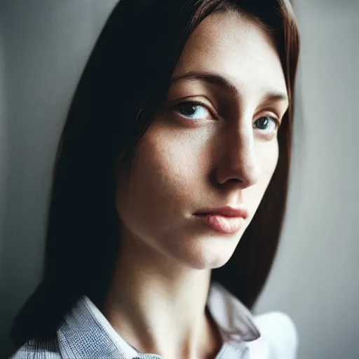 Prompt: “ attractive thin beautiful brown hair young caucasian woman close up wearing shirt, soft, cute, modern style, 1 5 0 mm f 2. 8, extreme close up face shot, hasselblad, art, brian ingram, steve mccurry, high quality, symmetry, clear skin, 4 k, dramatic lighting, award winning, eye reflections ”
