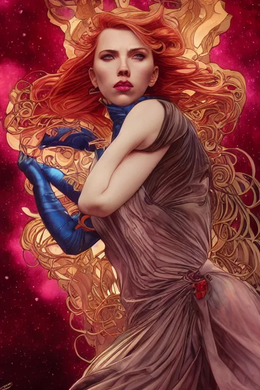 Image similar to celestial scarlett johansson, by artgerm and yoshitaka amano and moebius and alphonse mucha, hyperdetailed, dc comics, ornate, nebula, explosions in the sky, trending on artstation