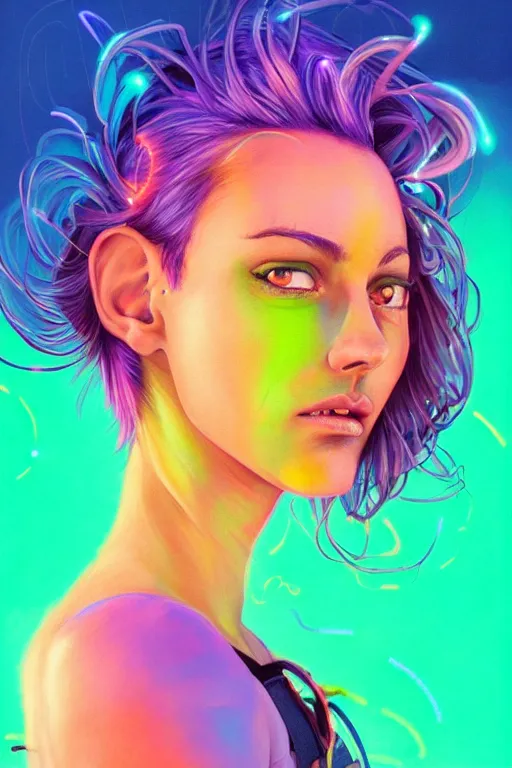 Image similar to a award winning half body portrait of a beautiful woman with stunning eyes in a croptop and cargo pants with rainbow colored hair, outlined by whirling illuminated neon lines and fine lines swirling in circles by jesper ejsing, rhads, makoto, shinkai, lois van baarle, digital art, trending on artstation