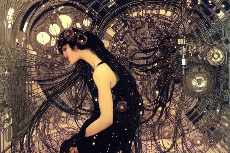 Prompt: symmetric, a woman in a black dress holding a brain and neurons, in a room full of wires and computers and neural networks, sci - fi, ai, 4 k realistic, artem demura. alphonse mucha. yoji shinkawa artgerm, klimt