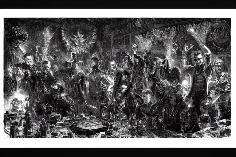 Prompt: an intricate and dramatic sketch of a small group of men and women who are the shadow rulers of the world, having a party, hyperdetailed, 80mm lens, by Greg Rutkowski and guweiz, white ink sketch on black paper