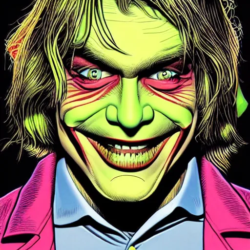 Prompt: dynamic macro head portrait of kurt cobain as the joker by john romita sr and cory walker and ryan ottley and jack kirby and barry windsor - smith, comic, illustration, photo real