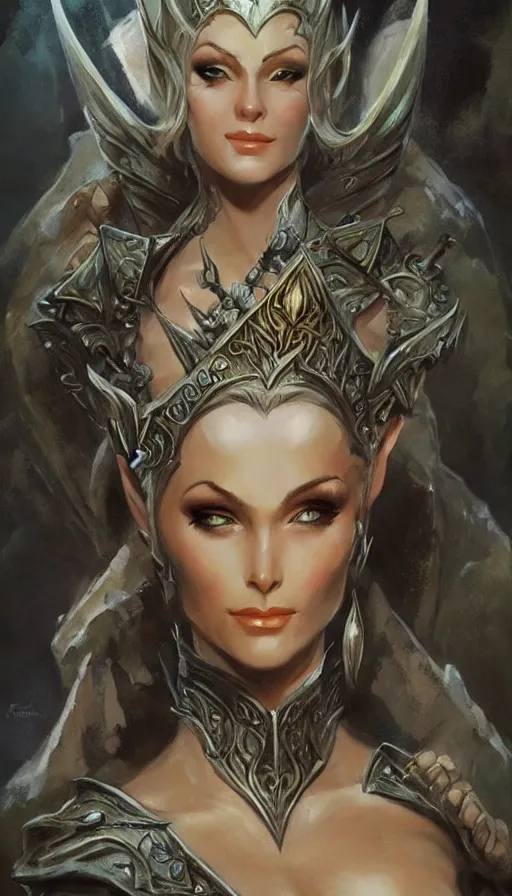 Image similar to elven queen character portrait by frank frazetta, fantasy, dungeons & dragons, sharp focus, beautiful, artstation contest winner, detailed