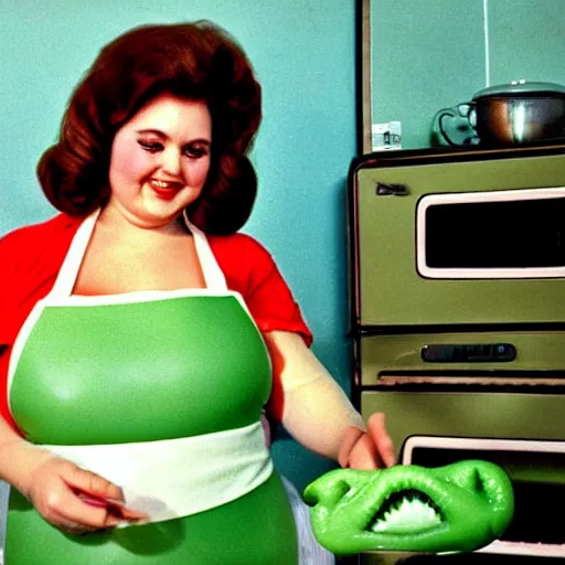 Image similar to 1976 a curvy woman vintage kitchen baking a cake wearing an inflatable long prosthetic snout nose made of gooey green slime, has growths of inflatable plastic on her skin, soft color wearing stripes, pink slime everywhere, light beige polka-dot walls, studio lighting 1976 color film archival footage holding a hand puppet that looks like Caspar the Friendly Ghost, 16mm Russ Meyer John Waters Almodovar Doris Wishman