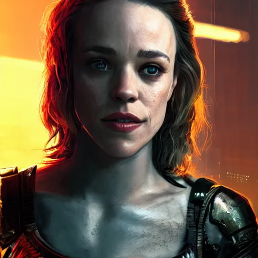 Image similar to rachel mcadams portrait, dystopia core, apocalyptic, armor, warrior, dramatic, sharp focus, fiction, neon, fantasy, hyper detailed, digital art, trending in artstation, cinematic lighting, studio quality, smooth render, unreal engine 5 rendered, octane rendered, art style and nixeu and wlop and krenz cushart