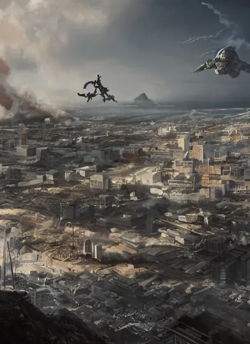 Image similar to hyper realistic squid shaped robot attacking cape town city, table mountain explosions, atmospheric beautiful details, strong composition drawn in ink by kim jung giu weta studio rutkowski, james gurney and greg rutkowski, and lucasfilm