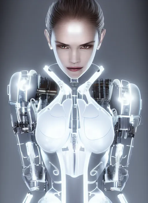 Image similar to photorealistic detailed full body picture of a female cyborg, pretty face, neon lights, white suit, humanoid, extreme, uhdr, book called the most influental cyborg in 2 0 5 0, fine details, highly detailed, intricate, smooth sharp focus