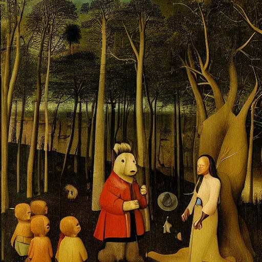 Image similar to standing bear in the foreground, forest in the background, hieronymus bosch