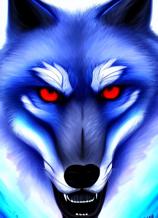 Image similar to blue wolf, red eyes highly detailed, deep focus, digital painting, smooth, sharp focus, anime art style, trending on artstation, 4 k