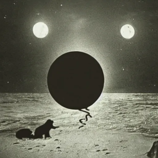 Image similar to an early 1 9 0 0 s photograph of an alien marking its extraterrestrial sigil on a black dog on the beach, moonlight, nighttime